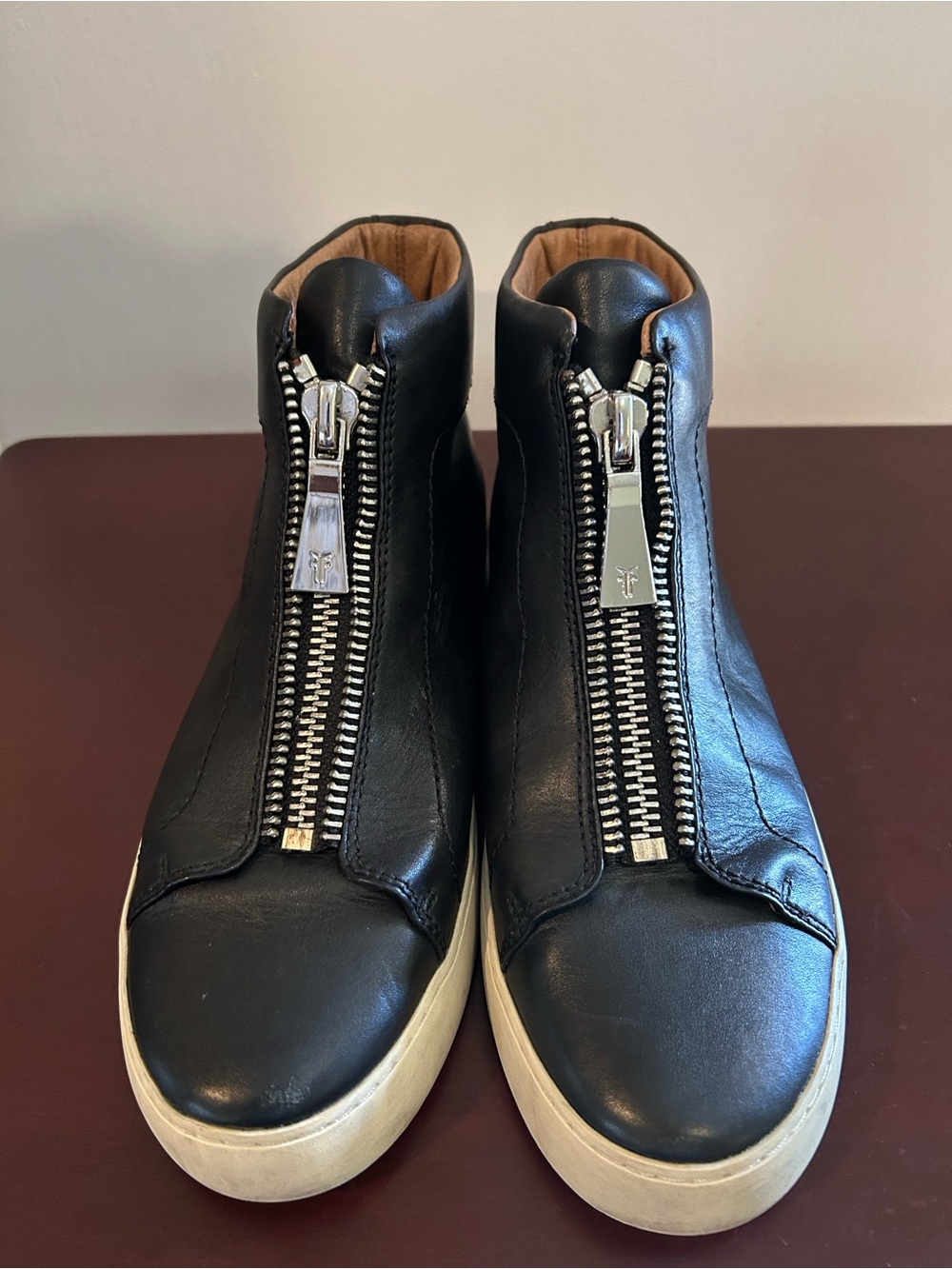 Frye Black Leather Front-Zip High-Top Sneakers with White Soles 8